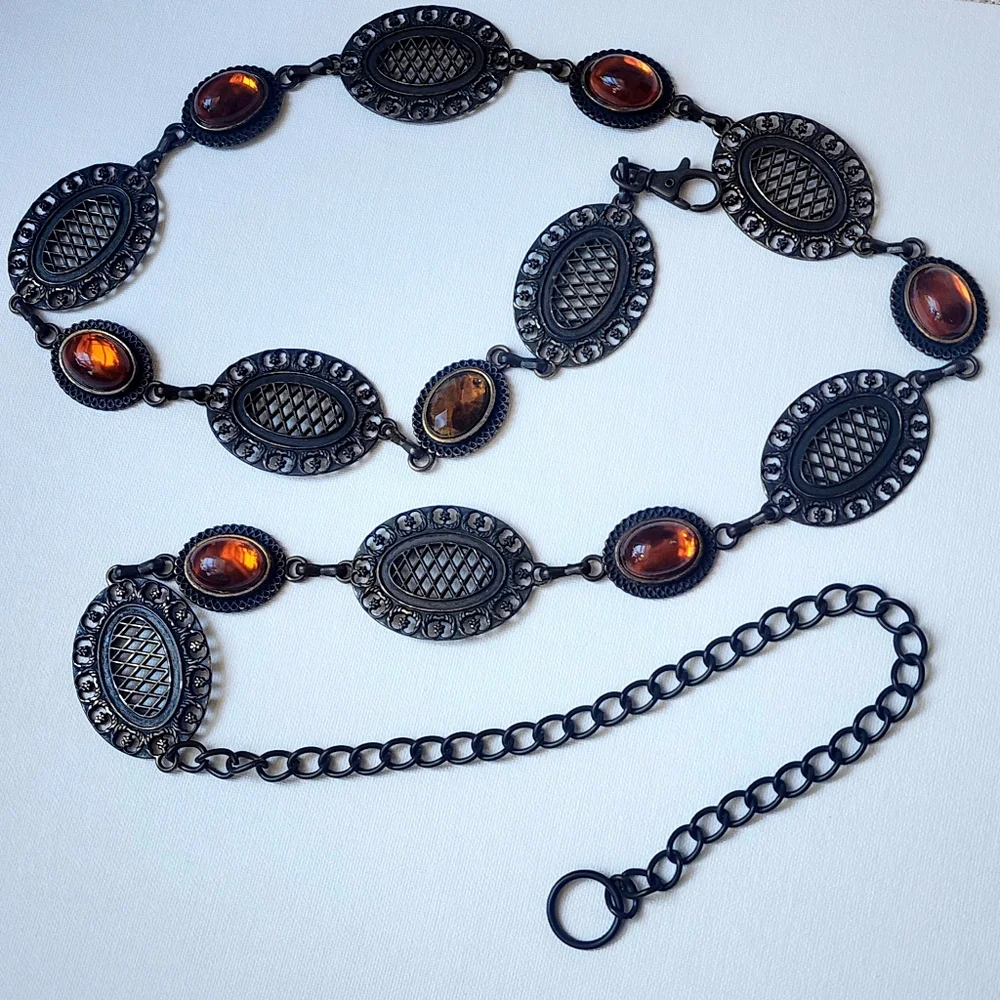 Amber Belt Vintage Jewelry Bronze Medallion Antique Gold Heavy Chain